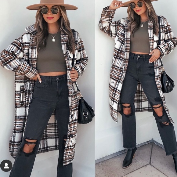 Timing Jackets & Blazers - Pocketed button up fuzzy plaid coat